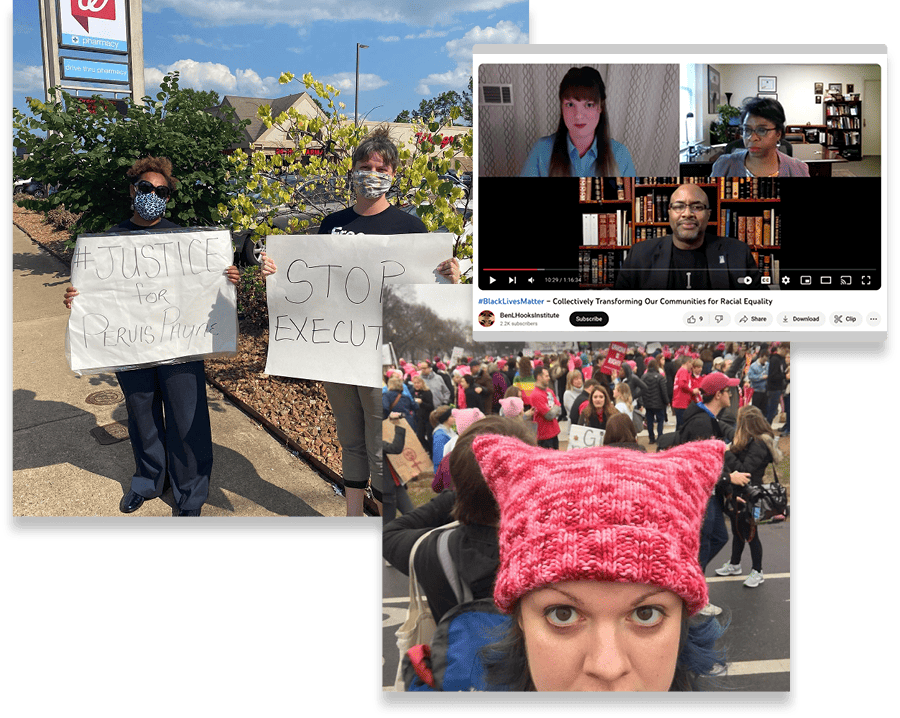 Collage of images of Amanda Edgar in a Zoom discussion and at various social justice marches.